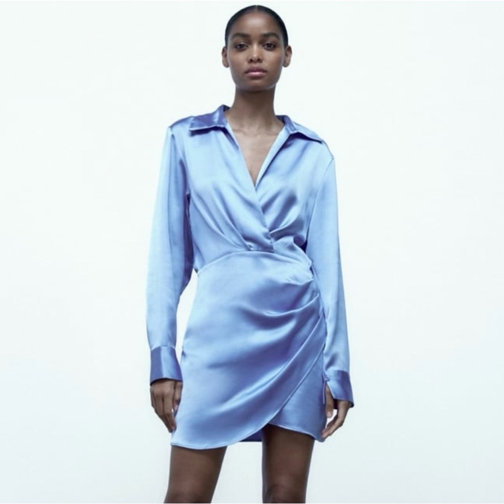 Zara Sky Blue Satin Wrap Dress